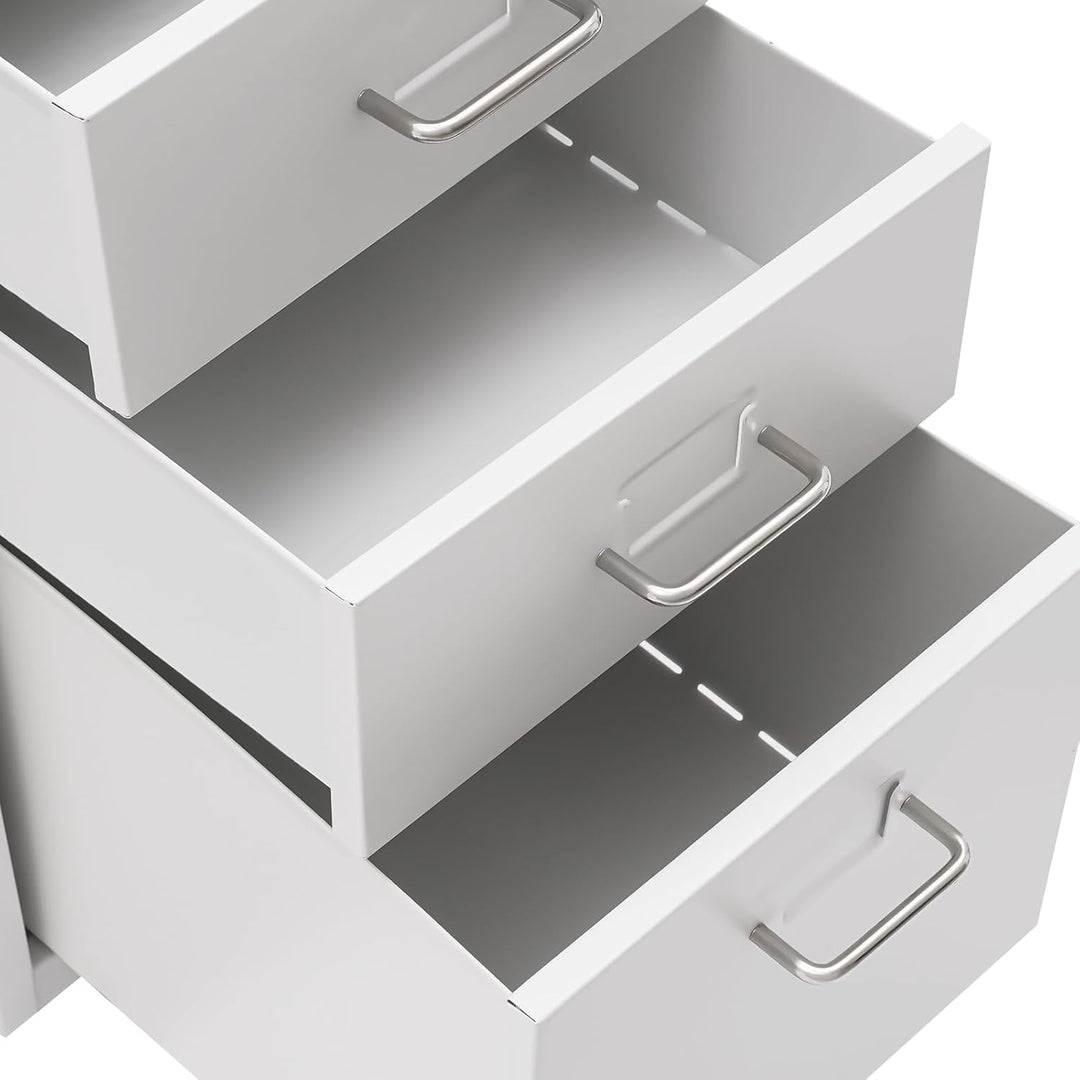 Rollcontainer Vertikaler Aktenchrank 3-Schubladen Metall-Schrank mit Schloss & Vier Rollen Stabiler