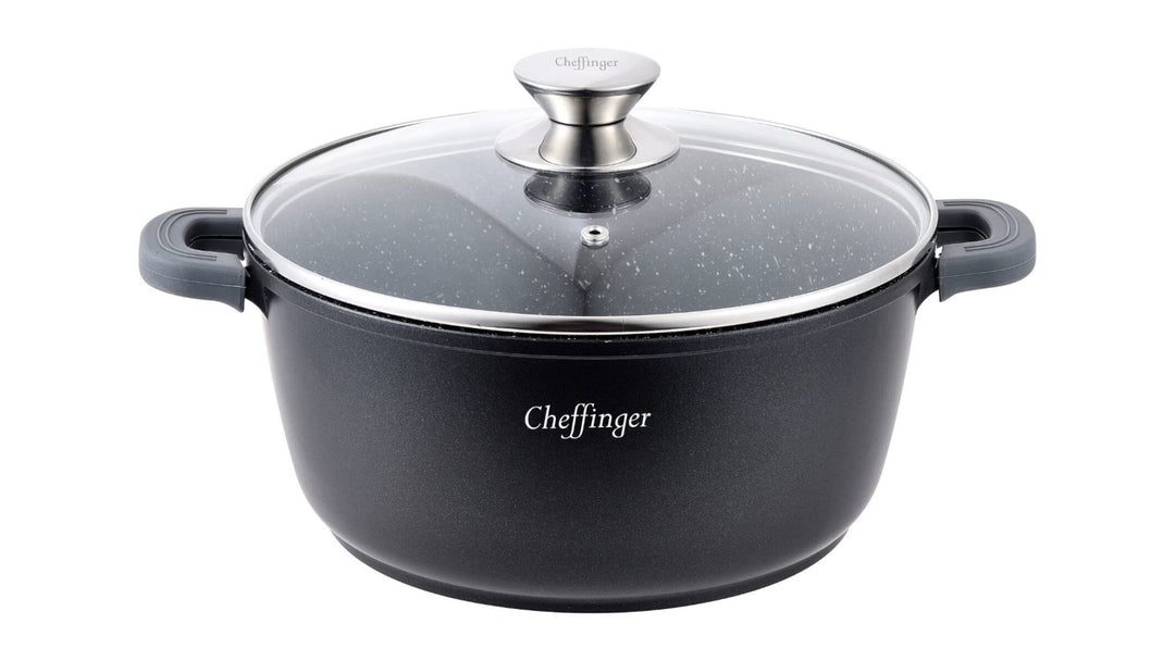 Cheffinger Kochtopf Aluguss Induktion Ø24cm Suppentopf Pfanne Topf Deckel Brattopf Schwarz, CF-DC24
