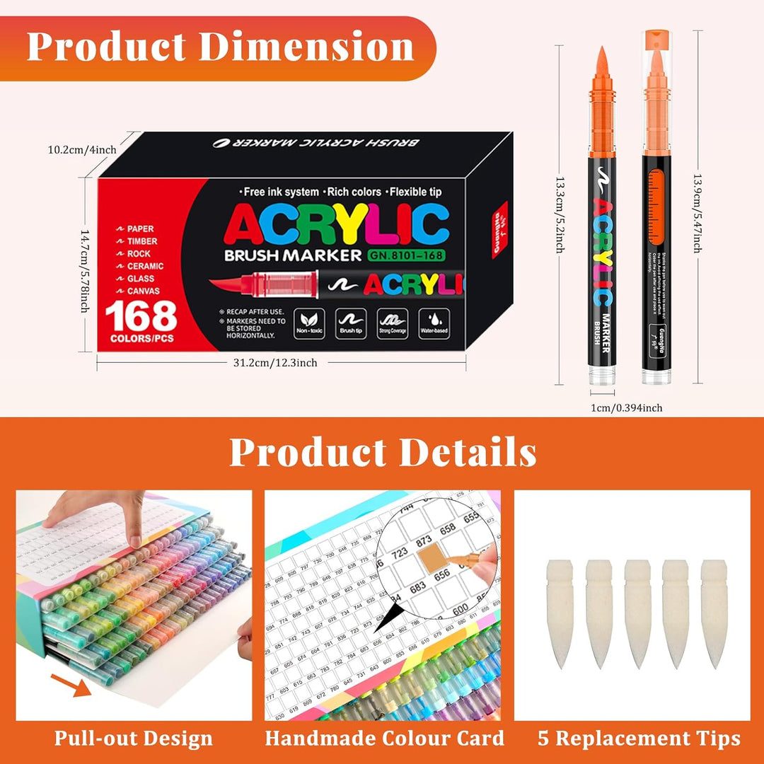 Funnasting 168 Farben Acrylstifte, Weiche Pinselspitze Acrylmarker, Acrylstifte Set für Steine Wasse