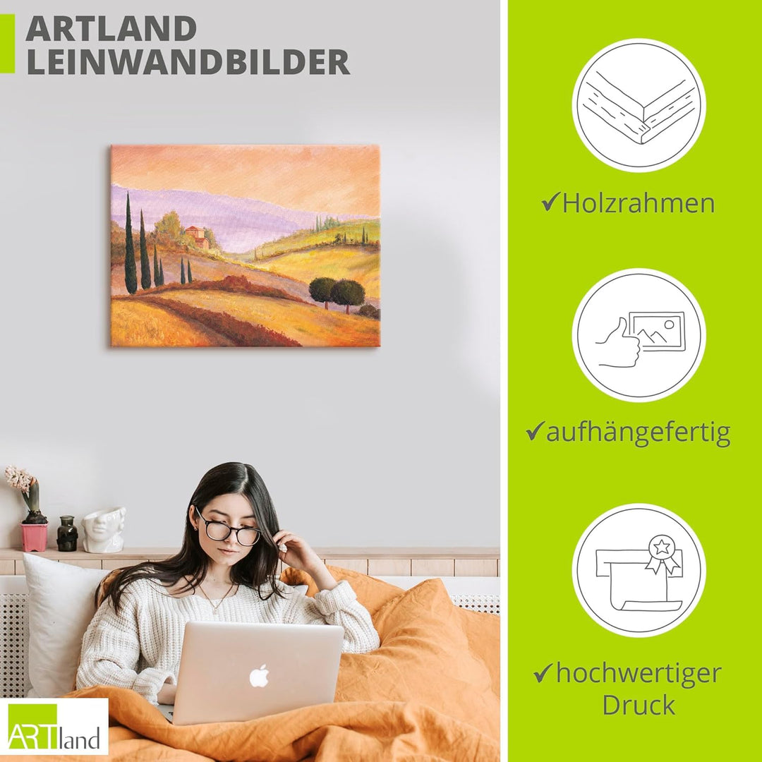 Artland Leinwandbild Wandbild Bild auf Leinwand 80x60 cm Wanddeko Toskana Landschaft Italien Malerei