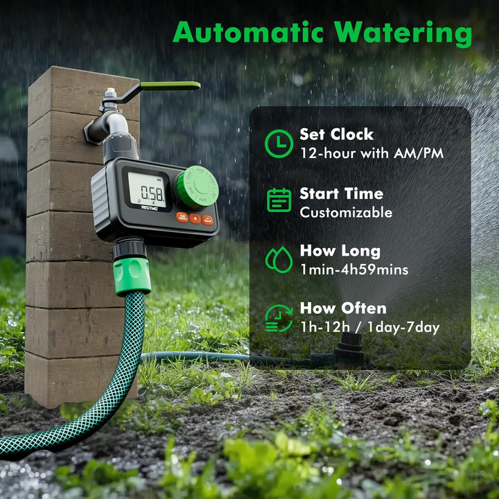 RESTMO RF-Fernbedienbarer Bewässerungscomputer, Wasserzeitschaltuhr für Aussenwasserhahn, automatisc