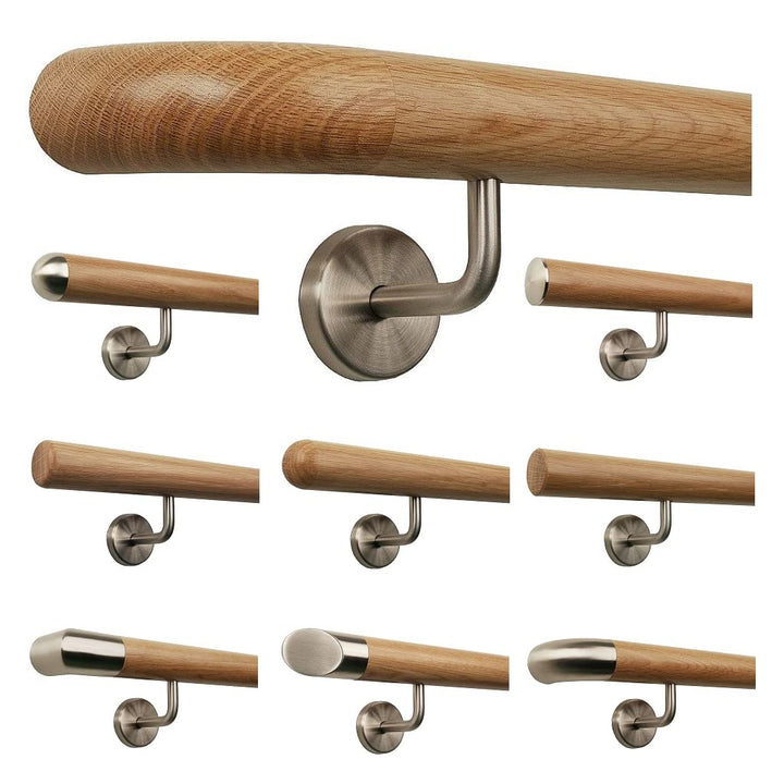 TIBU Eiche Holz Handlauf Geländer 0,3m - 6m, Länge 140 cm, Ende Holzkrümmling und 3 gewinkelte Halte