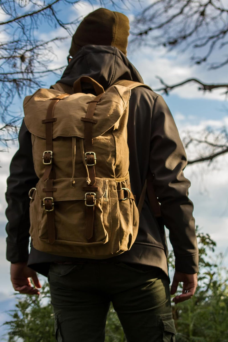 EverVanz Damen Herren Rucksack Reise Wandern Outdoorrucksack Canvas Leder Daypacks für 15 Zoll Lapto