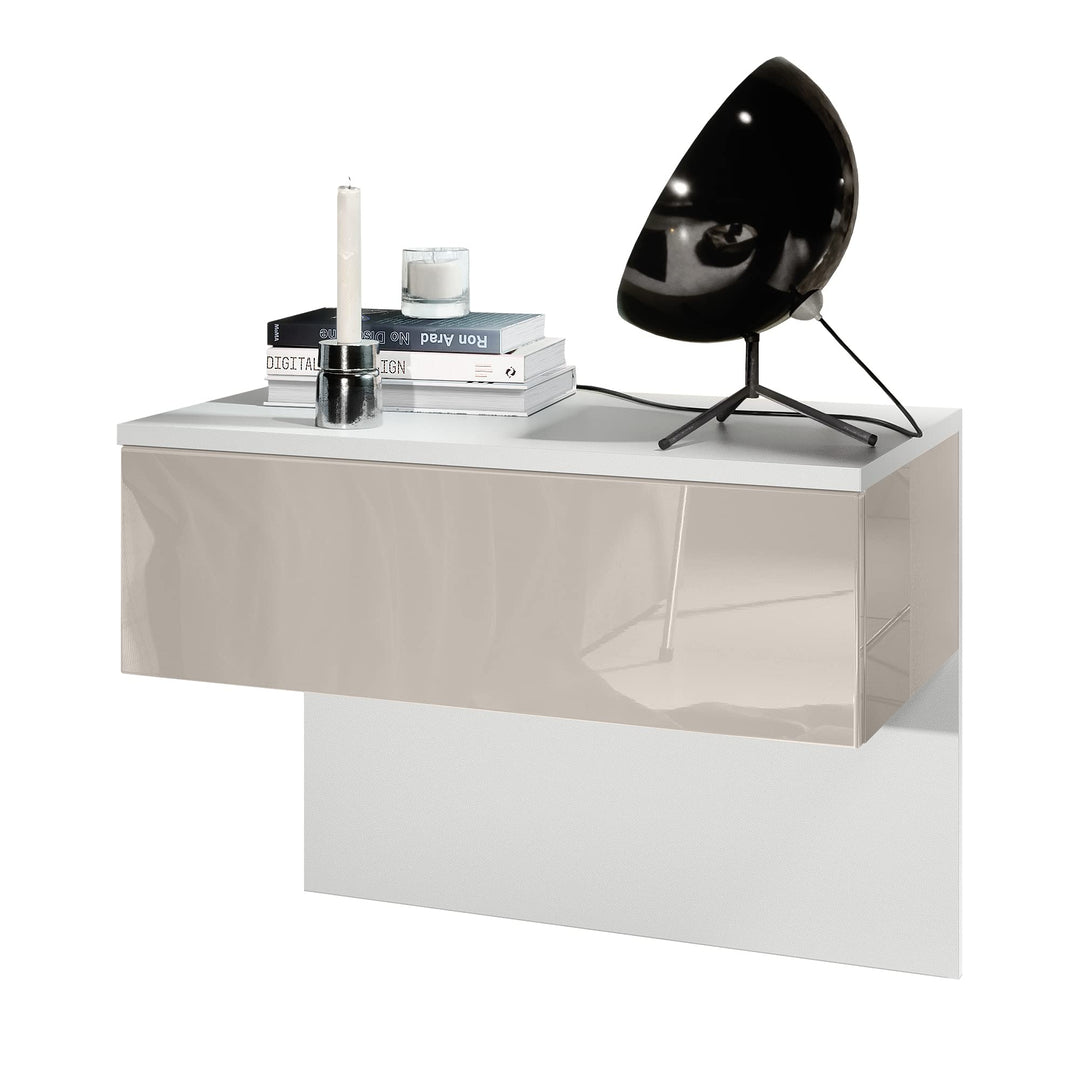 Vladon Nachttisch Sleep, Nachttischschrank mit Schublade zur Wandmontage, Weiss matt/Sandgrau Hochgl