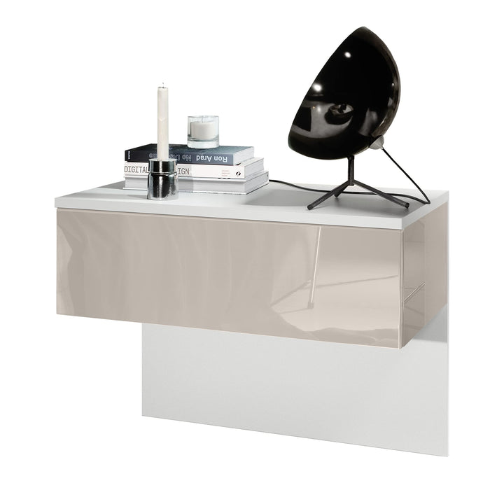 Vladon Nachttisch Sleep, Nachttischschrank mit Schublade zur Wandmontage, Weiss matt/Sandgrau Hochgl