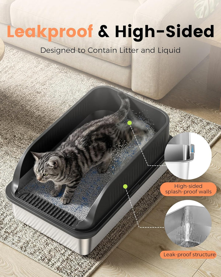 2er Set Katzenklo Edelstahl, Katzentoilette Gross XXL mit Schaufel, Katzenklo mit Abnehmbares Hoher
