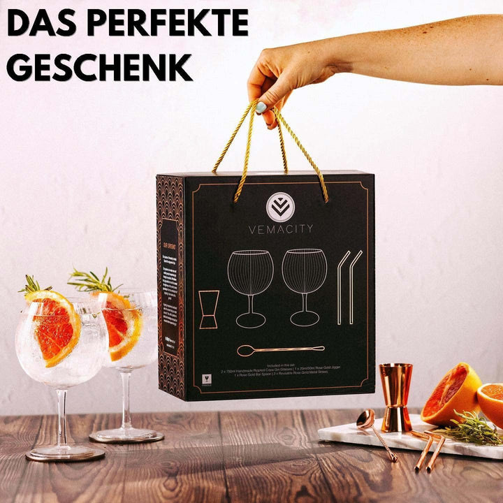 Geriffelte Gin Tonic Gläser Set | 2 Handgefertigte Gin Gläser, Rotgold-Barlöffel, Spirituosen-Messbe