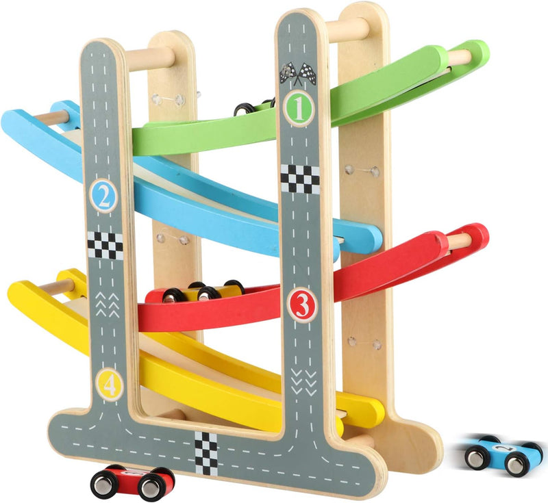 Jacootoys Spielzeug Autostrecke Set mit 4 Mini Autos Rennstrecke Holz Rennbahn Fahrzeuge Rennwagenba