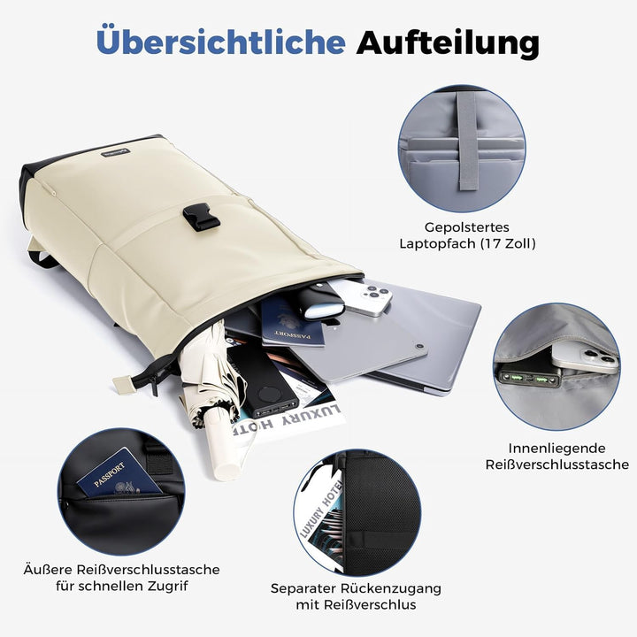 Wasserdicht Rucksack, Laptop Rolltop Rucksack für Herren & Damen Mit Diebstahlsichere Reissverschlus