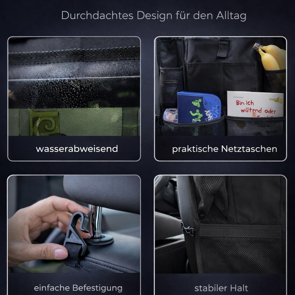 HerzensKind Rückenlehnenschutz und Organizer. Auto Organizer mit extra grossem 13" Tabletfach und 9