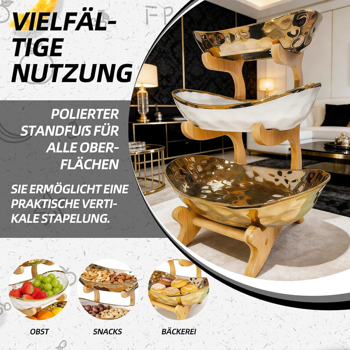 Dreistöckiges Obstregal, Obstschale, Keramik, Bambusfuss. Moderne Obstschale für die Küche zum Präse