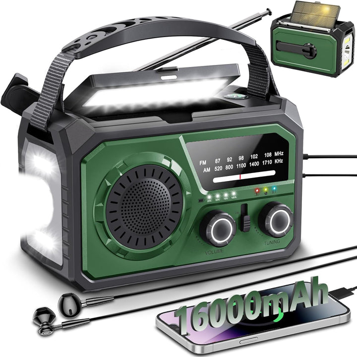 16000mAh/59200mWh Kurbelradio,Tragbares Notfallradio mit Kurbel,AM/FM Solar Radio mit Handyladefunkt