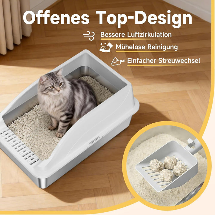 Edelstahl Katzentoilette XL, Schrägwand, Kratzfest, geruchsfrei | Porenfrei, leicht reinigbar. Schrä