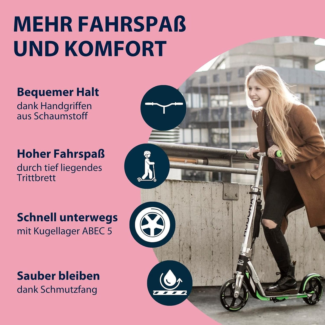 HUDORA BigWheel 205 Scooter - Stabiler Aluminium-Roller - Höhenjustierbarer &amp; zusammenklappbarer Cit