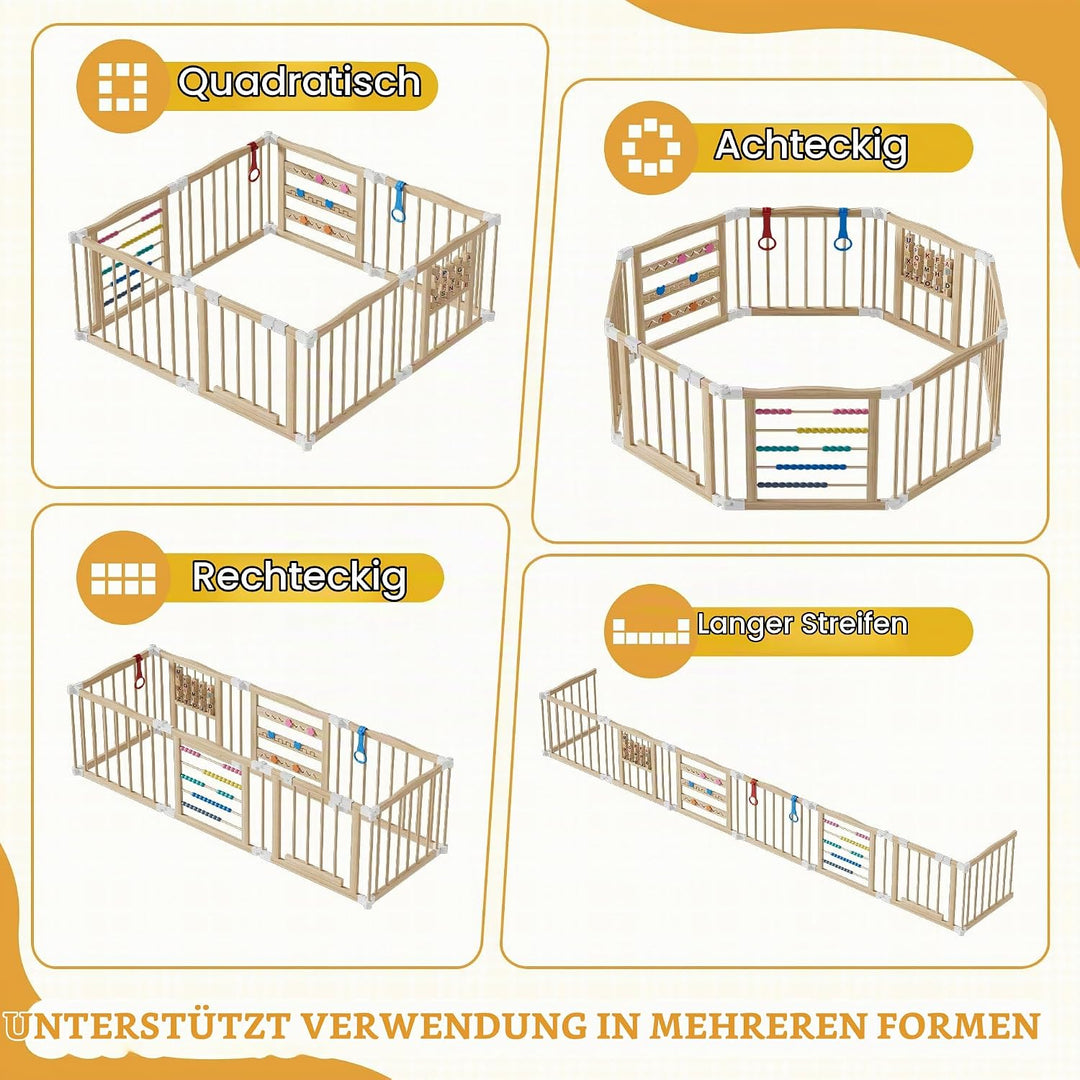 MSFE Laufstall Baby Faltbar Holz,8 Paneele Wooden Baby Playpen Verstellbare Multi-Shape &amp; Grösse mit