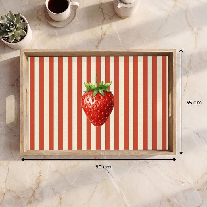 Holztablett Küchentablett Servier Tablett Eiche Serviertablett Erdbeere - Streifen 50 x 35 x 5 cm, E