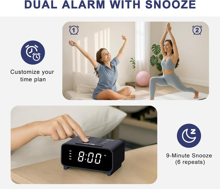 iTOMA Radiowecker mit AM/FM-Radio, Dual-Weckfunktion, Schlummerfunktion, Speicherplätzen, Dimmer,12-