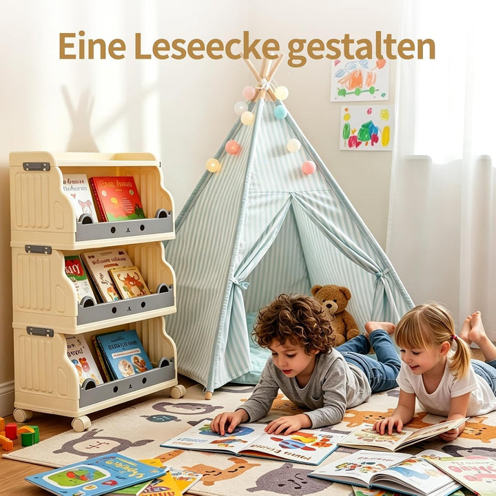 Mobiles Bücherregal Kinder mit Rollen 4 Ebenen Faltbar | Kinderregal Bücherwagen Spielzeug Regal Kin