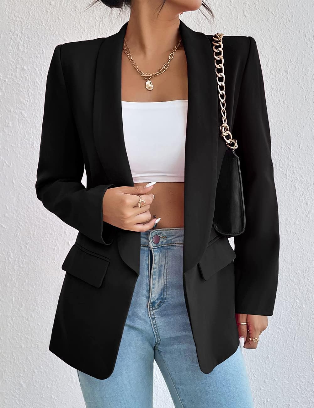 Damen Blazer Langer Casual Open Front Blazer Arbeit Büro Jacken mit Taschen Schwarz XS, Schwarz XS