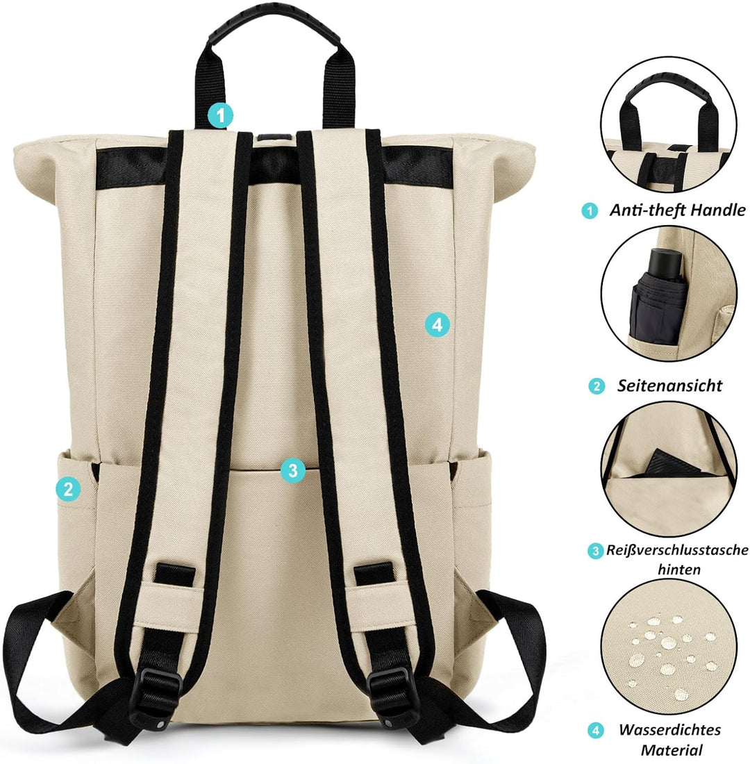 TANTOMI Rucksack Damen Herren, Rucksack Laptop Tasche 15,6 Zoll, Laptop Rucksack Damen Herren weit ö