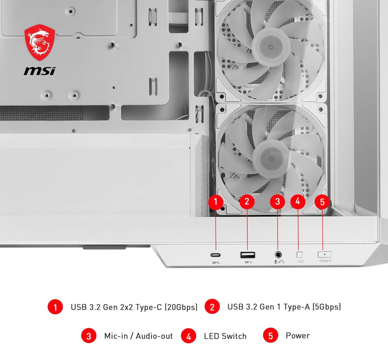 MSI MAG PANO M100R PZ White Micro-ATX PC-Gehäuse - 3 x 120 mm Reverse-Blade ARGB-Lüfter und 1 x 120