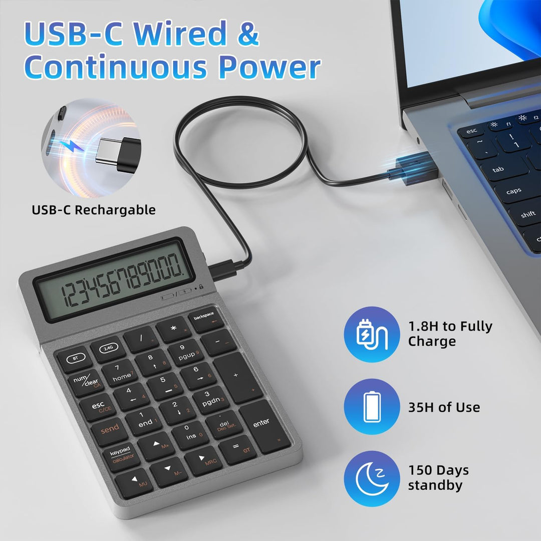 2-in-1 Wireless Bluetooth Number Pad, Bluetooth 5.0 &amp; 2.4G Numeric Keypad with Calculator &amp; Adjustab