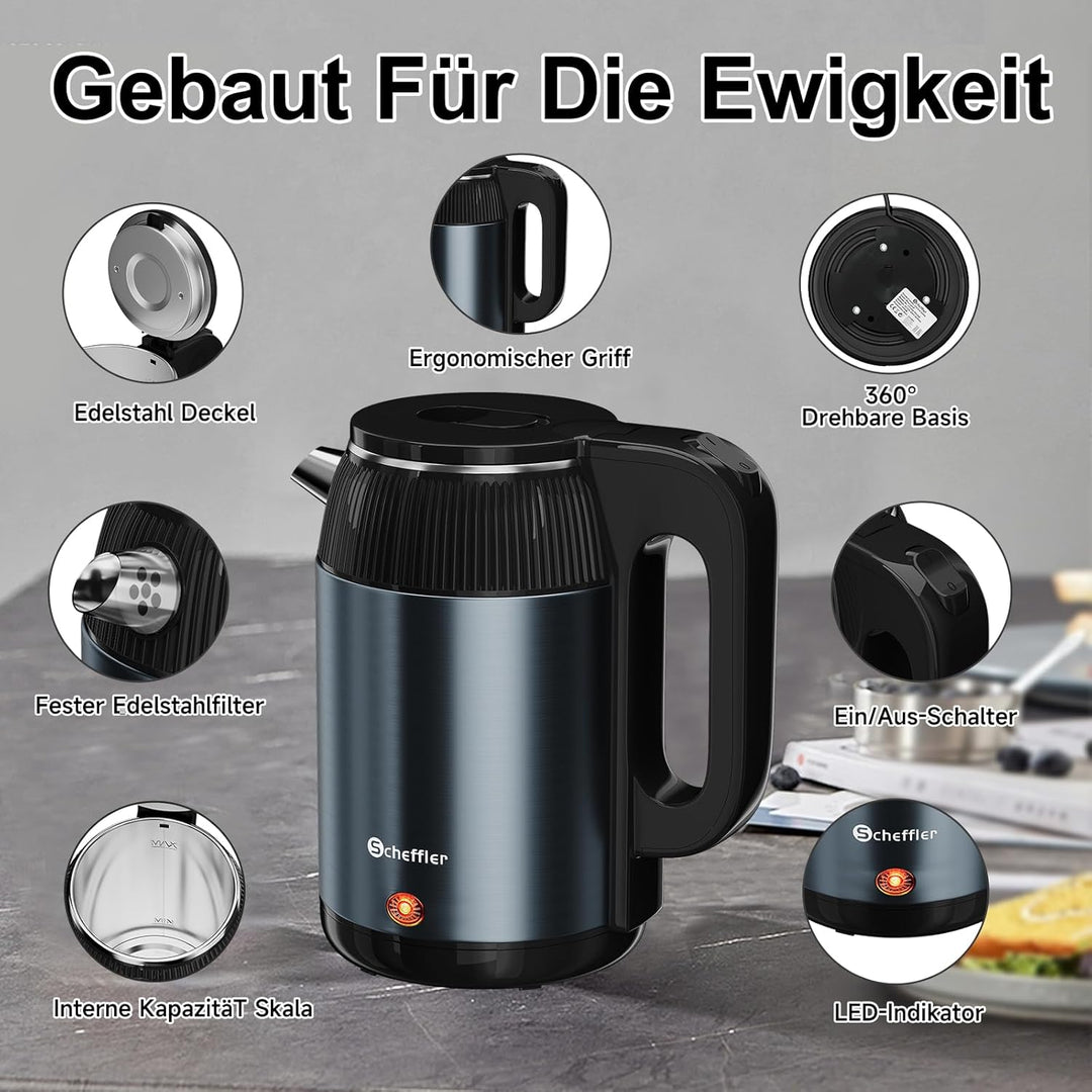 SCHEFFLER Wasserkocher Edelstahl 2.2 Liter Elektrischer Wasserkocher 1500W Teekocher mit 360°-Basis,