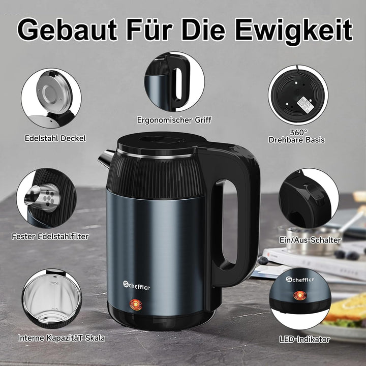 SCHEFFLER Wasserkocher Edelstahl 2.2 Liter Elektrischer Wasserkocher 1500W Teekocher mit 360°-Basis,