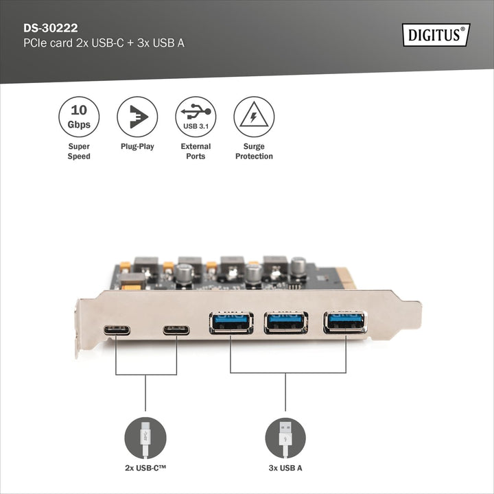 DIGITUS PCIe Karte 2X USB-C, 3X USB A
