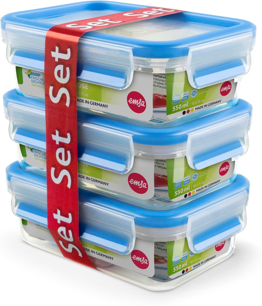 EMSA Clip & Close Frischhaltedosen-Set, rechteckig, 3 x 0,55 L, Aufbewahrungsboxen, 100 Prozent dich