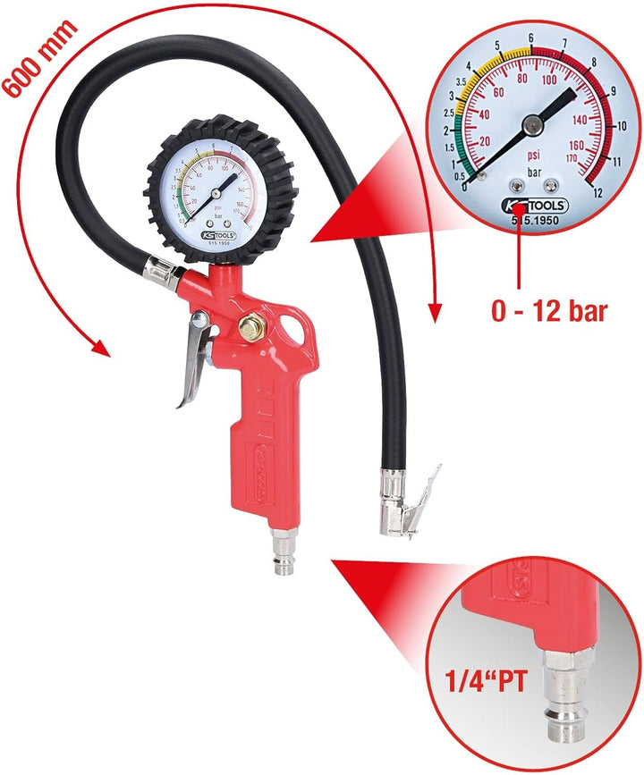 KS Tools Reifendruckprüfer 515.1950 0-11 Bar I Druckluft-Reifendruckfüller für Einhandbedienung I Mi
