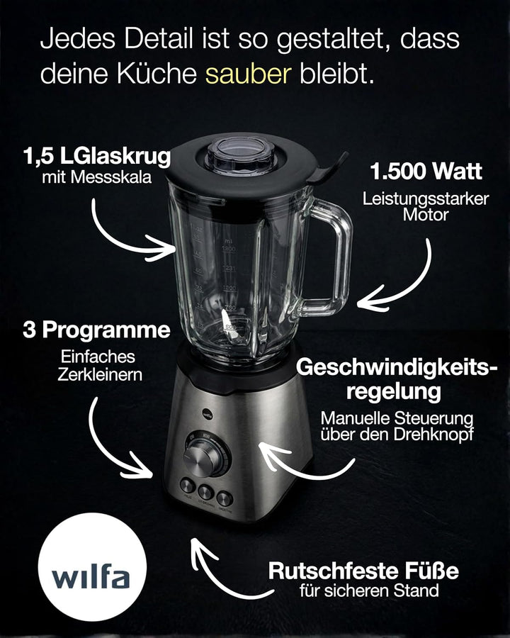 Wilfa SMOOTH Standmixer - leistungsstarker 1000 Watt Motor mit einem Fassungsvermögen von 1,5 Liter,