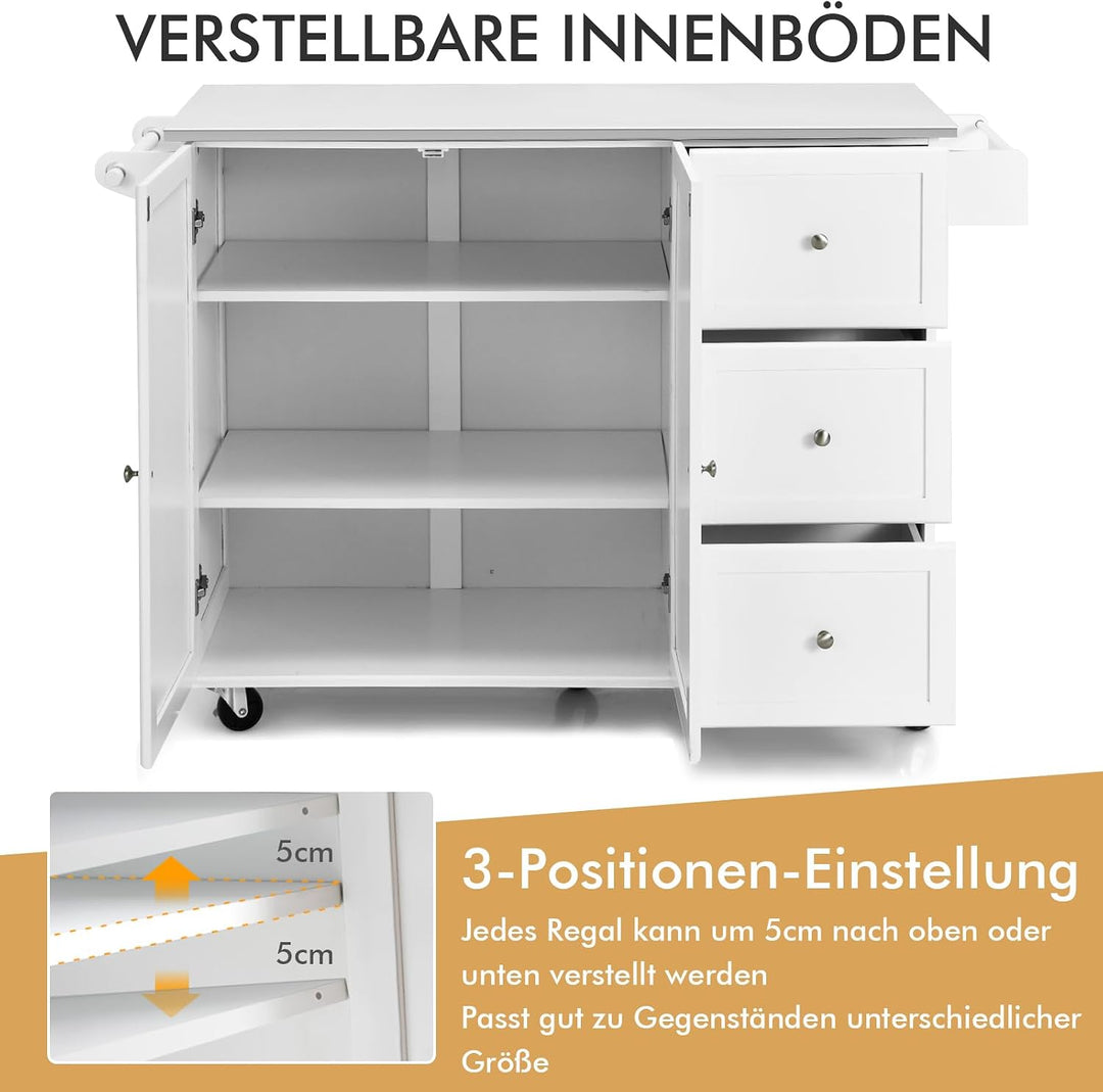 COSTWAY Küchenwagen mit Arbeitsplatte aus Edelstahl, Kücheninsel mit 3 Schubladen &amp; Verstellbarer Ab