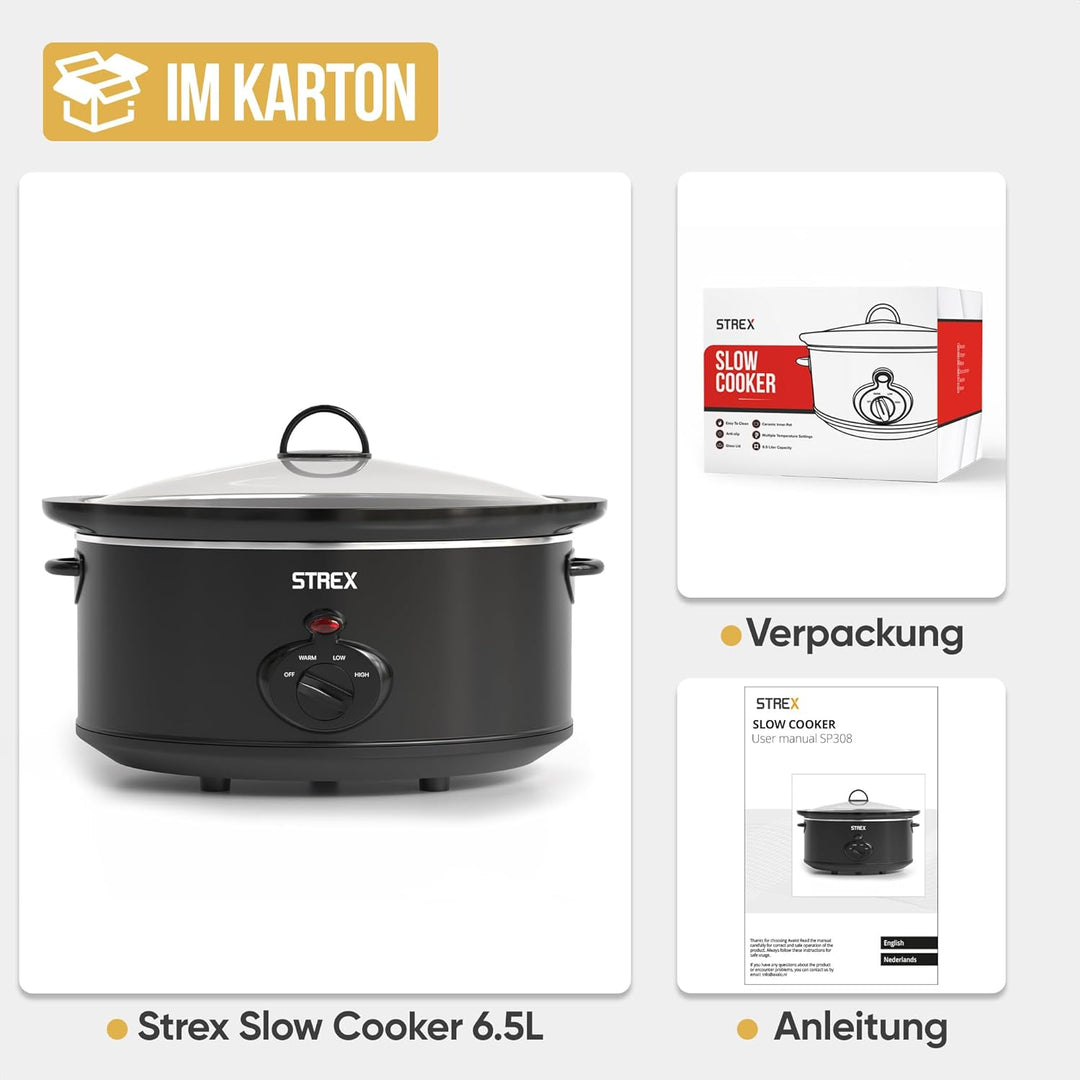 Strex Schongarer Slowcooker 6.5L - Herausnehmbarer Keramik-Innenbehälter - Warmhaltefunktion - Slow