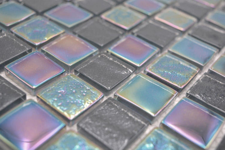 Mosaikfliese Glasmosaik small flip flop irisierend schwarz saphirblau mehrfarbig Küchenrückwand Dusc
