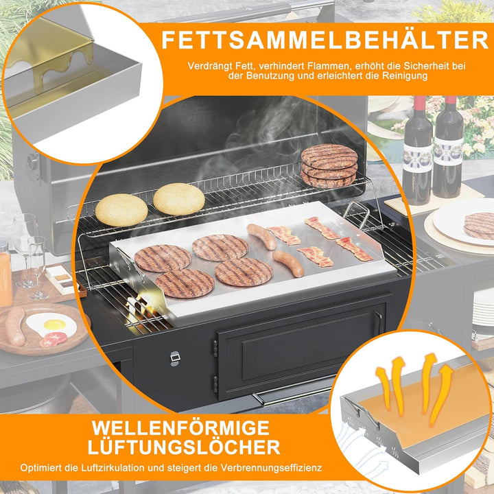 XMTECH Edelstahl Grillplatte mit Henkel, 47x32x7 cm, Gleichmässige Wärmeverteilung für Gas- und Kohl