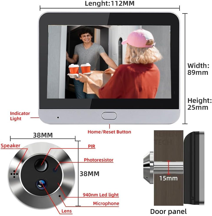 DA2 Zwei-Wege-Audio, digitaler Türspion mit Batterie 3,0 MP mit MicroSD 32 GB, kabelloser Videospion