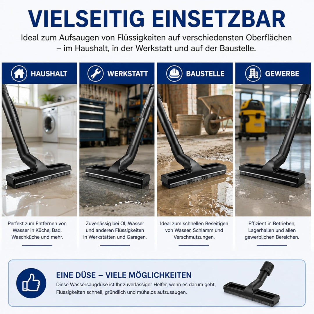 DeClean Universal Wassersaugdüse für Staubsauger – 36 cm, Gummilippen & Nylonhaar, Flexibles Gelenk,