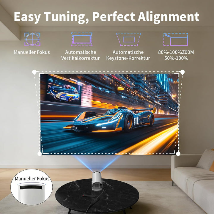 Mini Beamer,4K 1080P Smart Beamer,Projektor Tragbarer mit WiFi 6 und Bluetooth 5.4,Auto Trapezkorrek