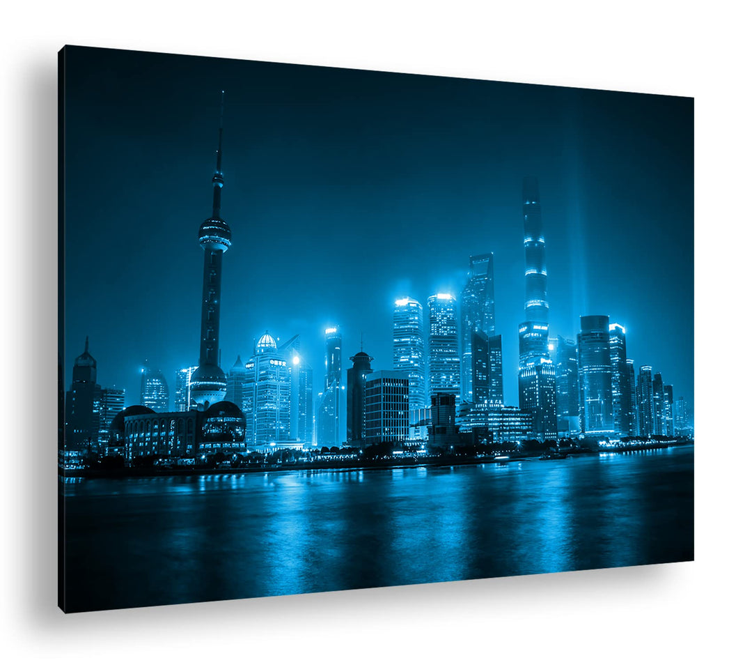 deyoli atemberaubende Shanghai Skyline Format 80x60 Effekt: Monocrome Blau als Leinwandbild, Motiv f