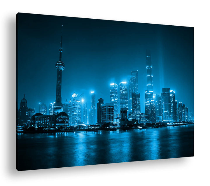 deyoli atemberaubende Shanghai Skyline Format 80x60 Effekt: Monocrome Blau als Leinwandbild, Motiv f
