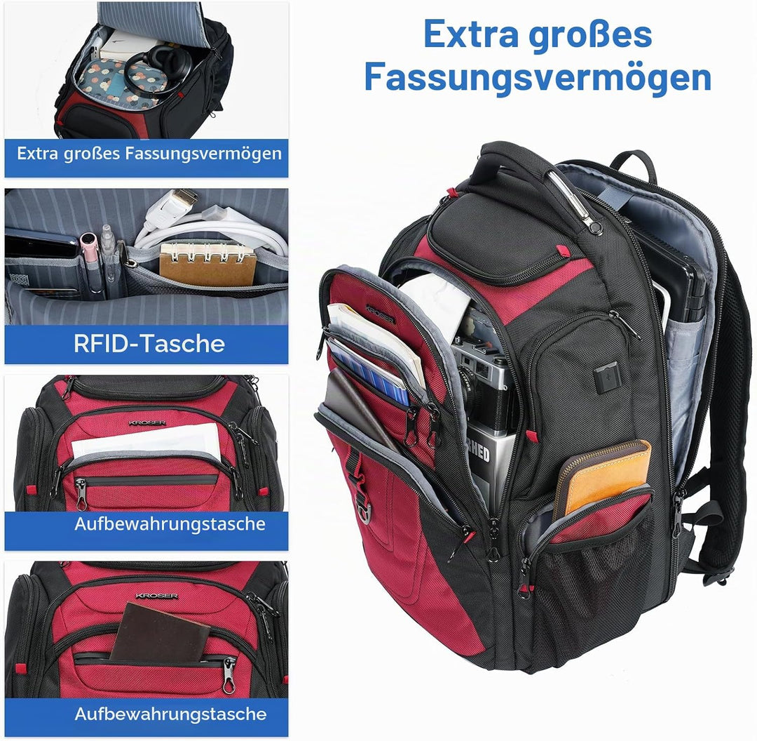 KROSER Laptop Rucksack Herren 17,3 Zoll Business Reiserucksack Handgepäck Wasserdicht mit Hartgeschä