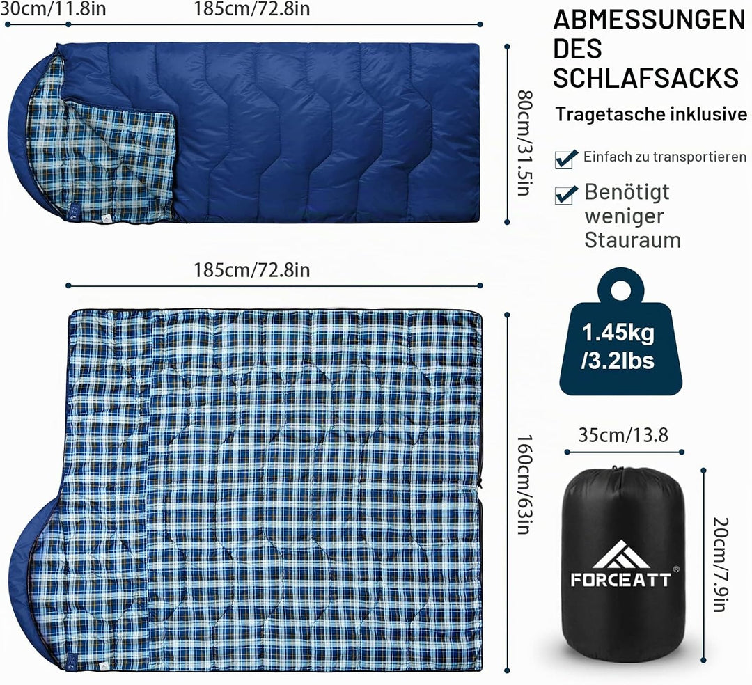 Forceatt Schlafsack 3~4 Jahreszeiten, -5°C Flanell und 20°C Polyester Schlafsack für Erwachsene, was