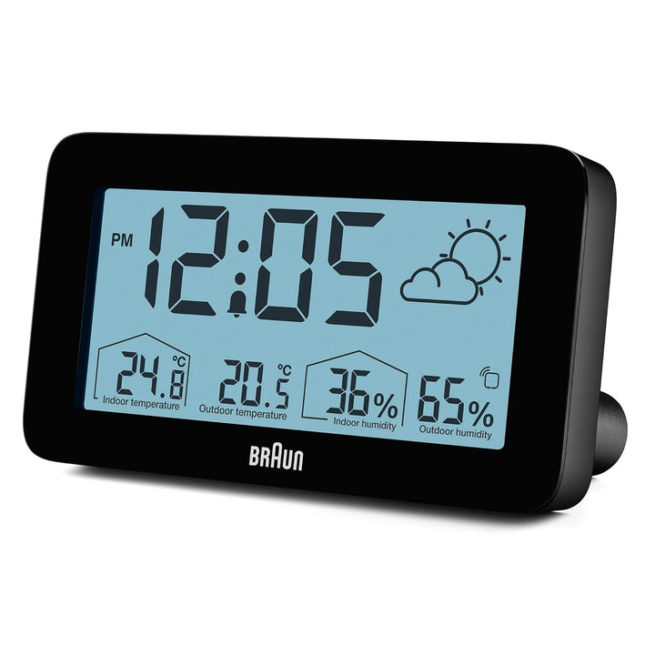 Digitale Braun-Wetterstationsuhr mit Anzeige von Innen- und Aussentemperatur sowie Luftfeuchtigkeit,