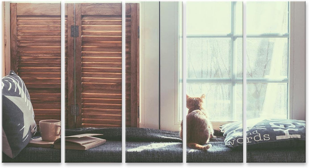 islandburner Bild auf Leinwand Katze Warm Gemütlich Fenster Buch Bilder Wandbilder Poster, Leinwand