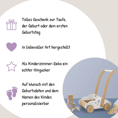 Lauflernwagen mit Bausteinen blau - personalisierbar I Handmade Holzspielzeug ab 1 Jahr I Personalis