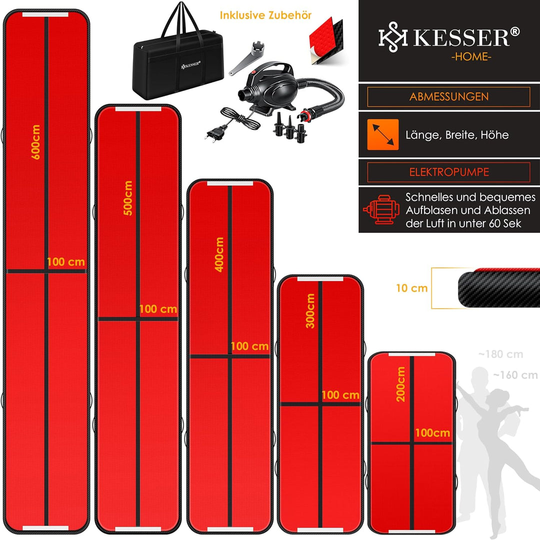 KESSER® Turnmatte Aufblasbar Airtrack Fitness-Matte Gymnastikmatte | inkl. Tragetasche & elektr. Luf