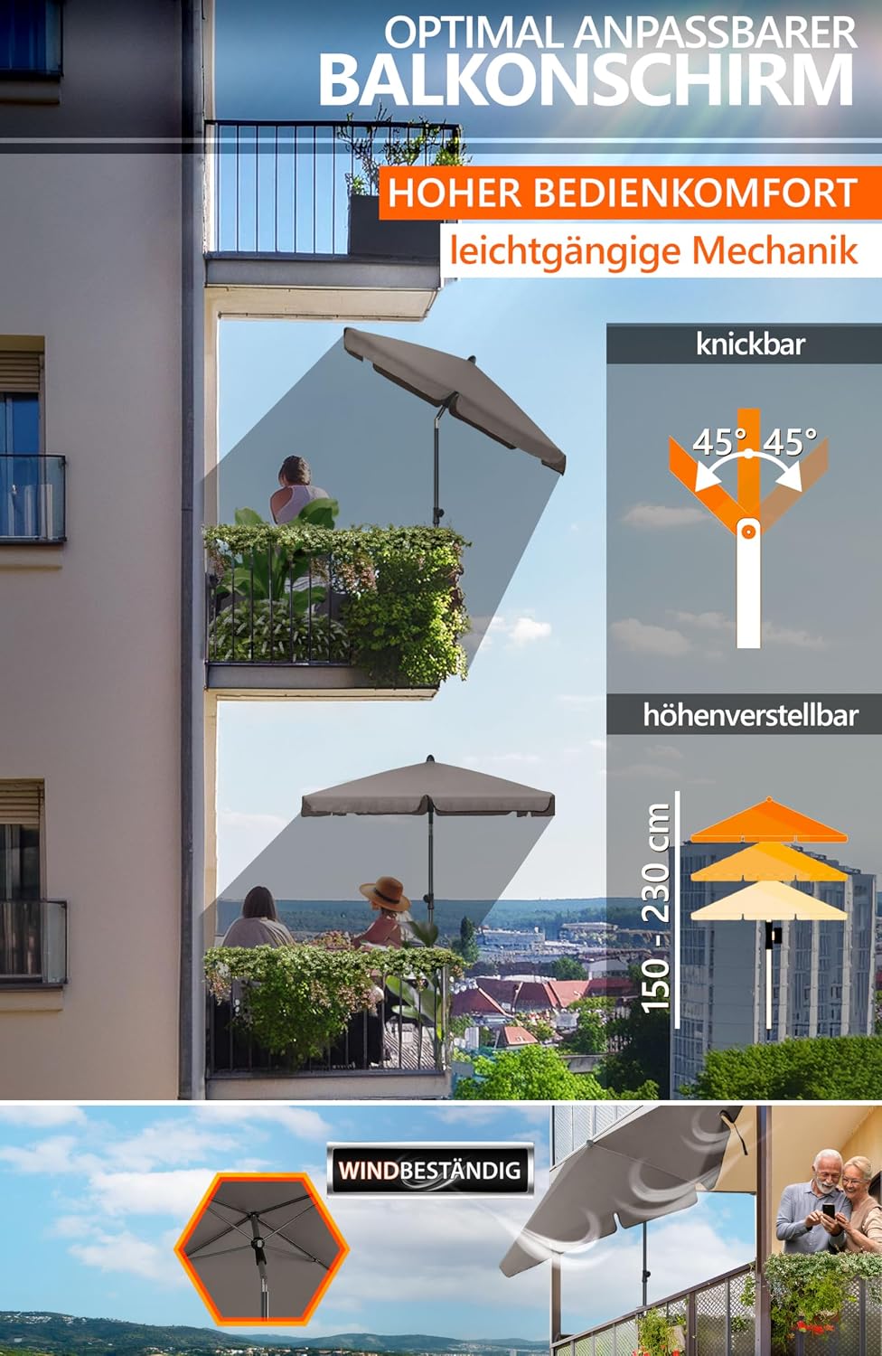 4smile Sonnenschirm Balkon SunnyShade - Sonnenschutz Balkon 3-in-1 SET, Sonnenschirm rechteckig 200