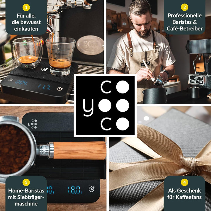 COYOOCO Kaffeewaage mit Timer - 0,1 g Präzision bis 2 kg - spritzwassergeschützte Espresso Waage für