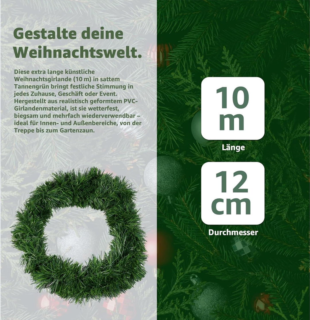 3X Weihnachtsgirlande 10 Meter - künstliche Dekogirlande Ø 10 cm - Tannen Girlande Weihnachten (3X g